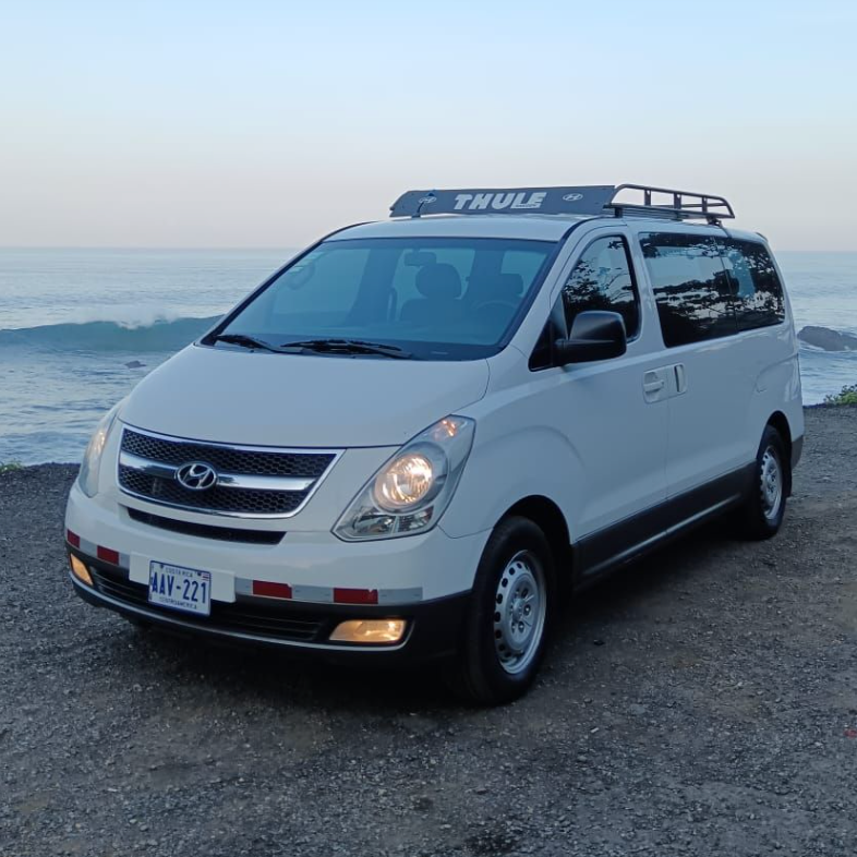 White van with Thule roof rack on a scenic road with ocean view