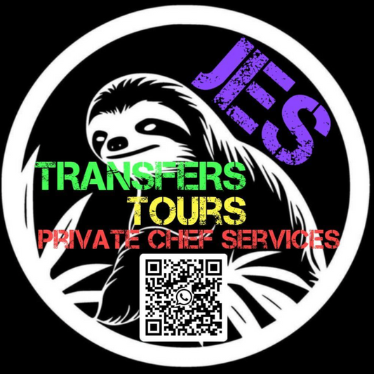 Logo with a sloth illustration and text for JES Transfers Tours and Private Chef Services on a black background.