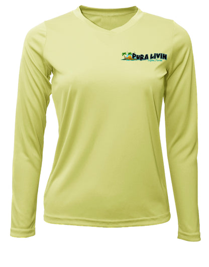 Pura Livin Sunset Logo UPF 50+ Performance Shirt - Women's V-Neck